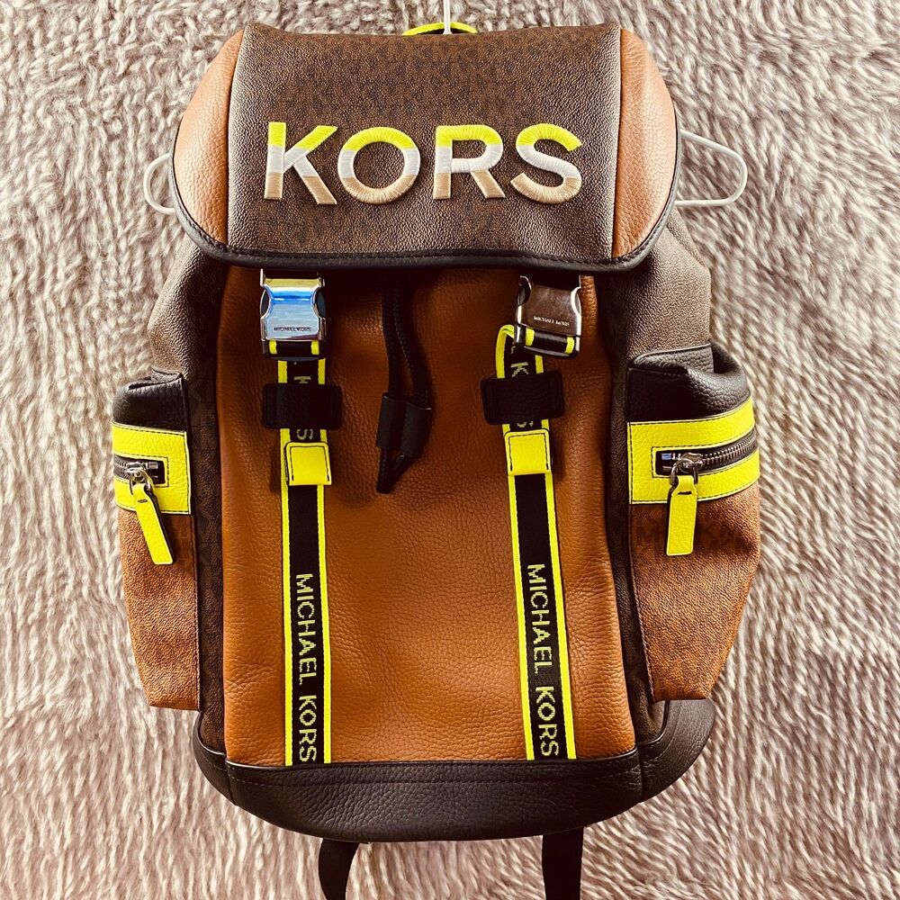 Michael Kors Cooper Two‑Tone Leather Travel Backpack Neon Trim Style 37H1LCOB2B - Picture 1 of 9